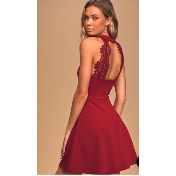 Nwt LULUS Hometown Girl Wine Red Lace Skater Dress - Picture 6 of 8